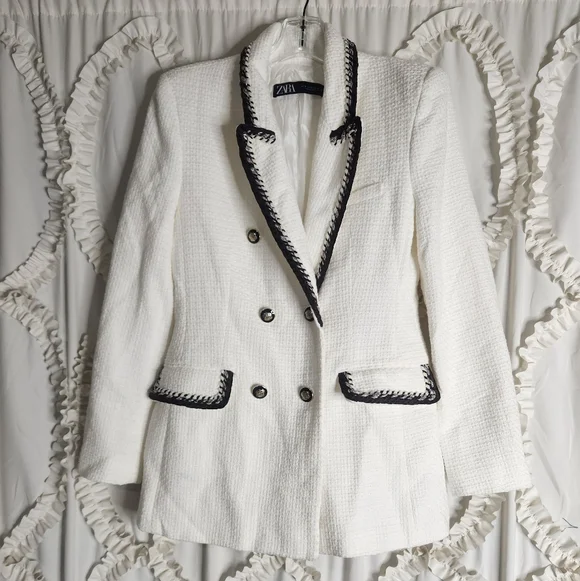 Zara Textured White Brown Button Blazer size Medium - Picture 4 of 9